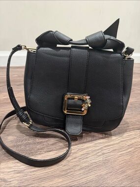 Gianni Bini Black Leather Crossbody with Jeweled Buckle